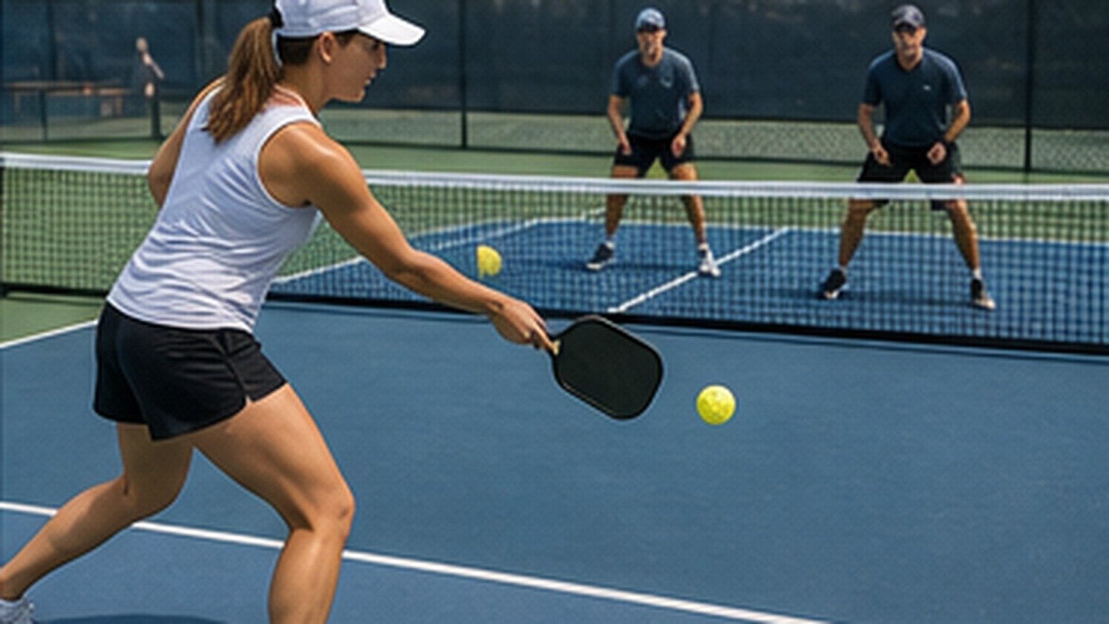 Photorealistic pickleball scene for Backhand Third Shot Drills for Doubles Pickleball for Better Footwork