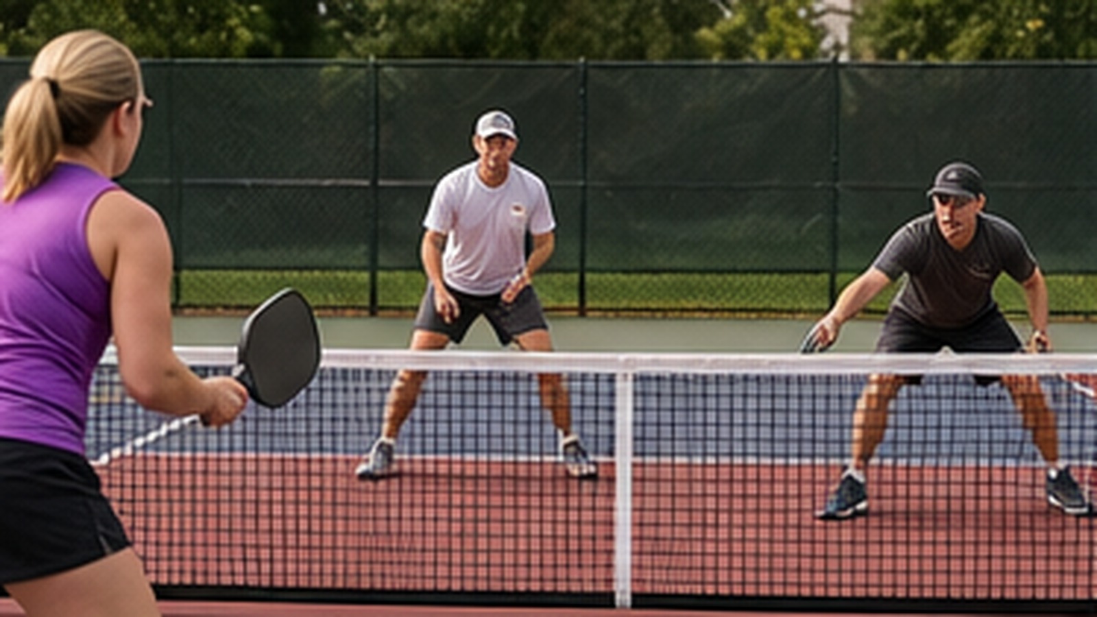 Photorealistic pickleball scene for Beginner Guide to Attackable Dink Patience Against Aggressive Players