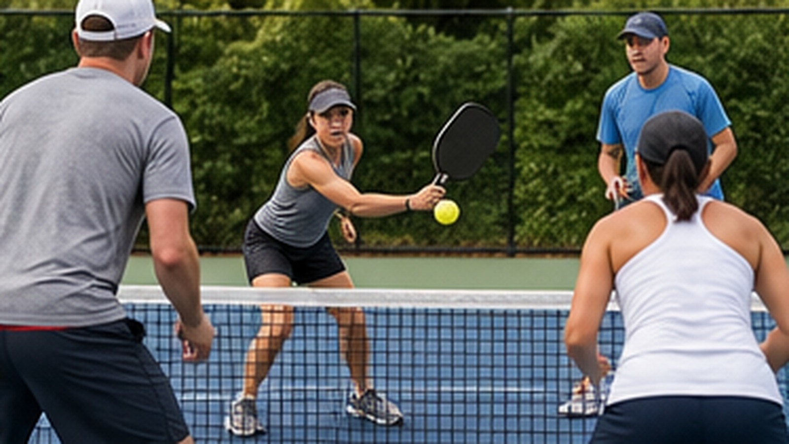 Photorealistic pickleball scene for Beginner Guide to Backhand Dink Patience for Doubles Pickleball