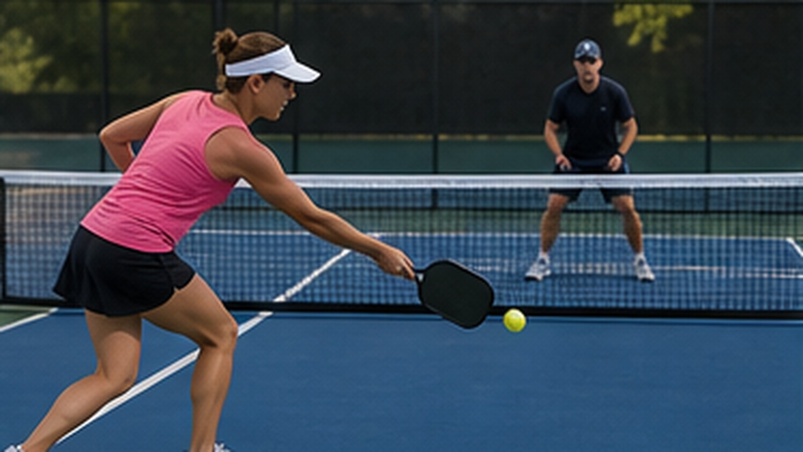 Photorealistic pickleball scene for Beginner Guide to Backhand Third Shot Spin to Reach the Kitchen Safely