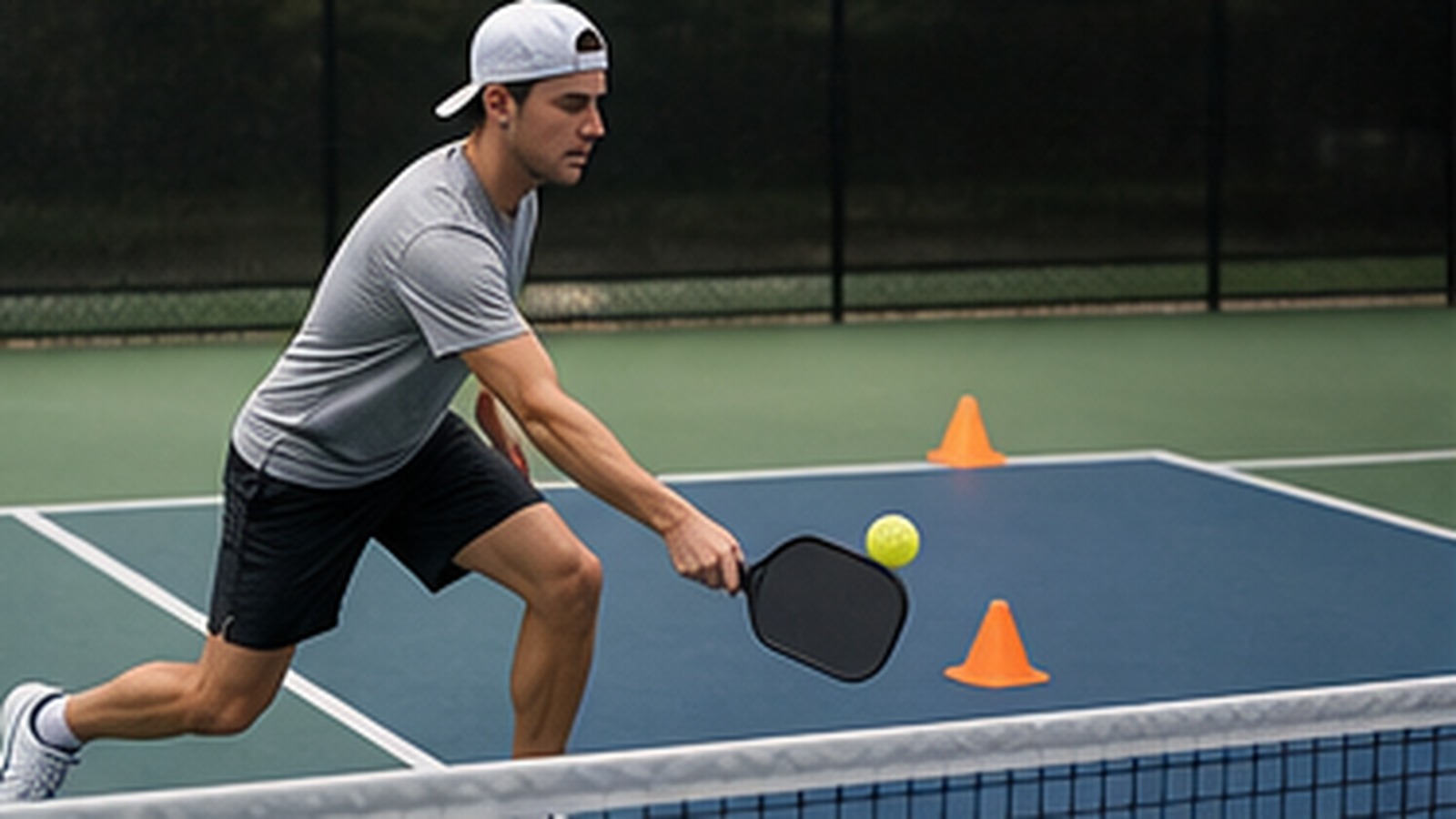 Photorealistic pickleball scene for Beginner Guide to Backhand Volley Footwork with Simple Drills
