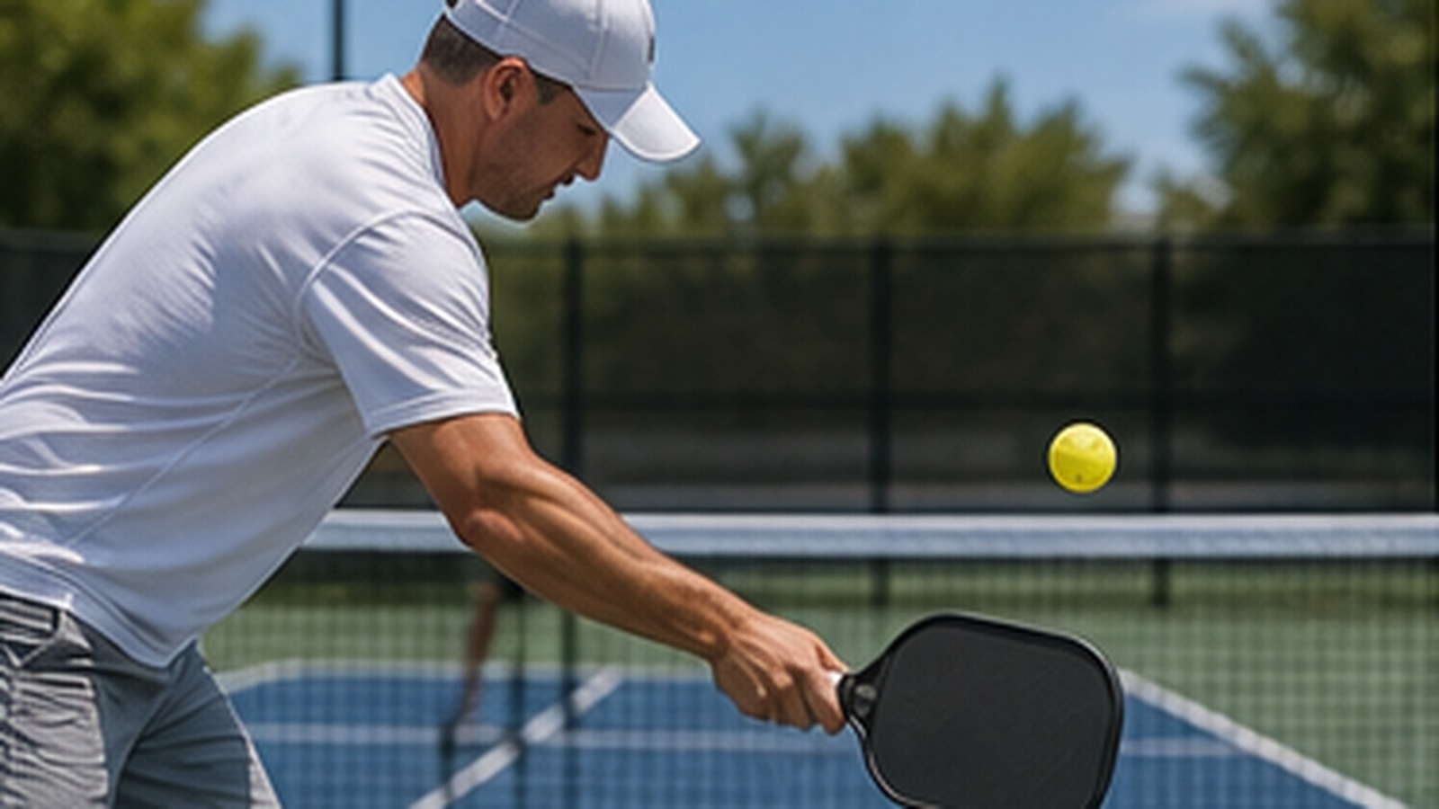Photorealistic pickleball scene for Beginner Guide to Backspin Serve Paddle Path to Add Movement to Your Shots