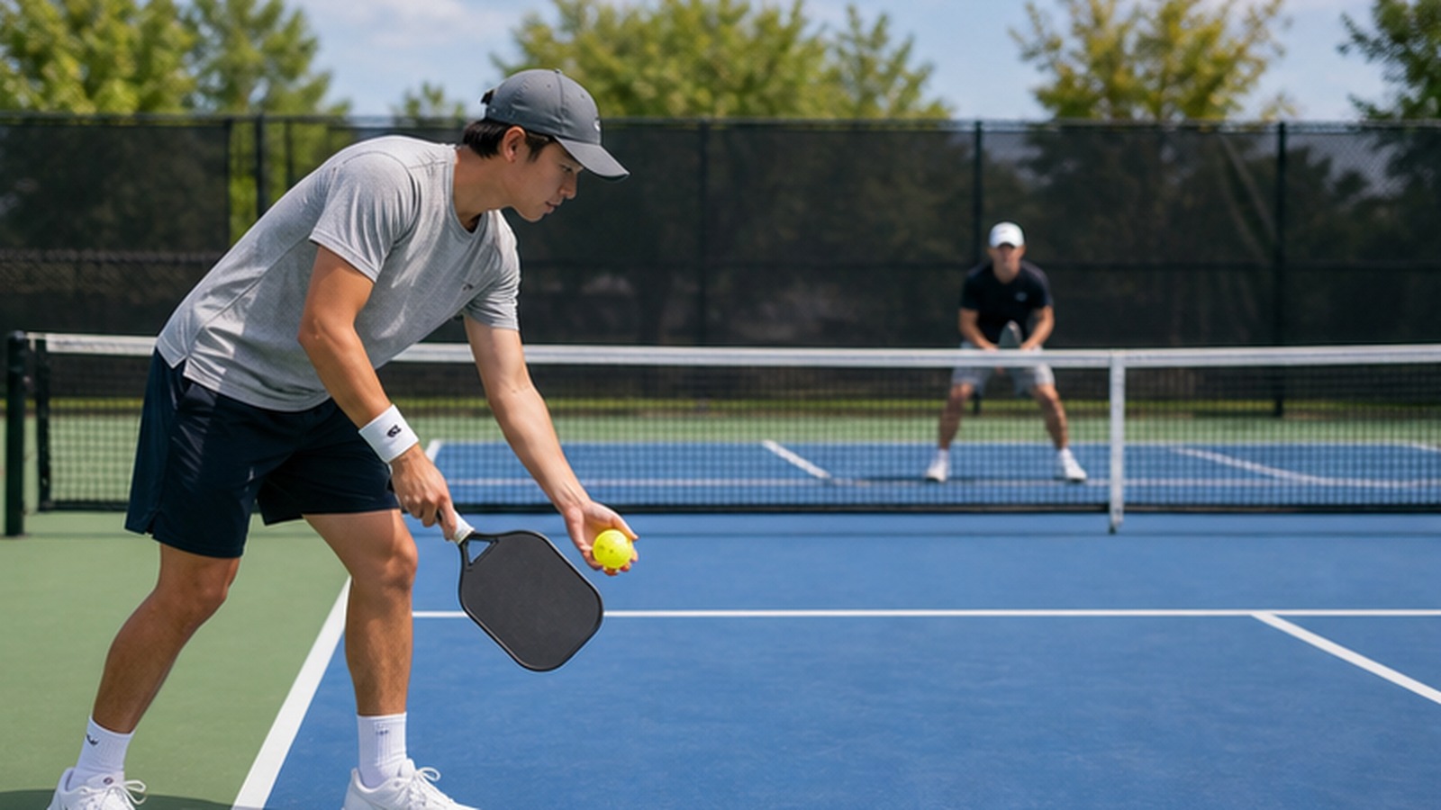 Photorealistic pickleball scene for Beginner Guide to Beginner Serve Routine Without Bad Habits
