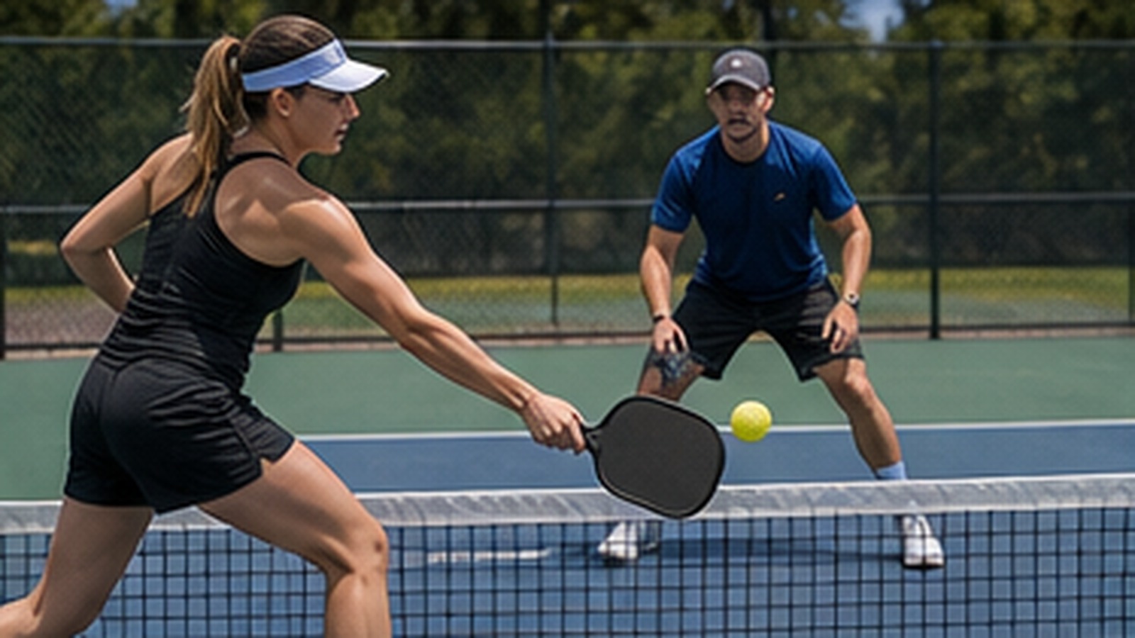 Photorealistic pickleball scene for Beginner Guide to Block Volley Footwork That Competitive Players Use