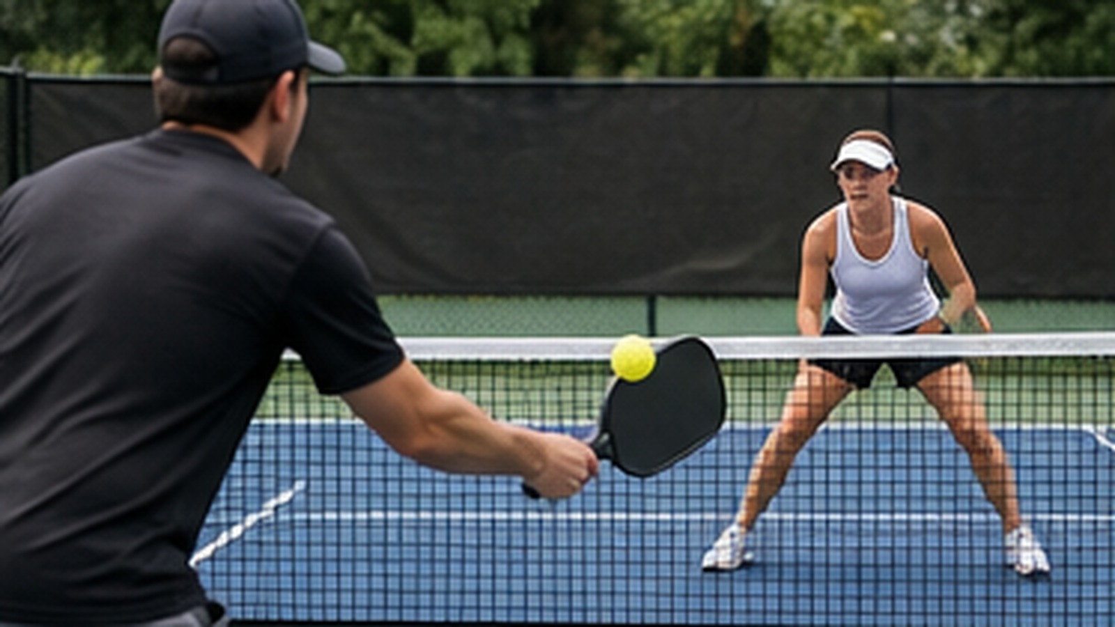 Photorealistic pickleball scene for Beginner Guide to Crosscourt Dink Patience for Winning Kitchen Battles