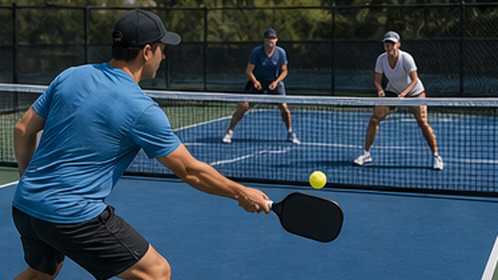 Photorealistic pickleball scene for Beginner Guide to Cut Return Paddle Path for Doubles Strategy