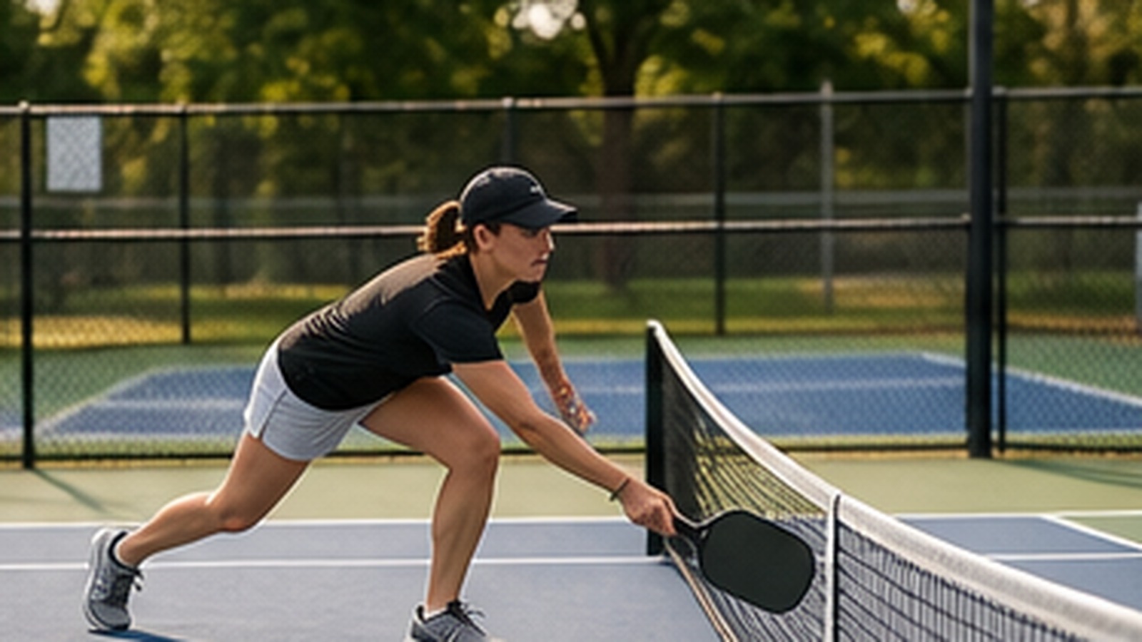 Photorealistic pickleball scene for Beginner Guide to Defensive Dink Patience to Stop Popping the Ball Up