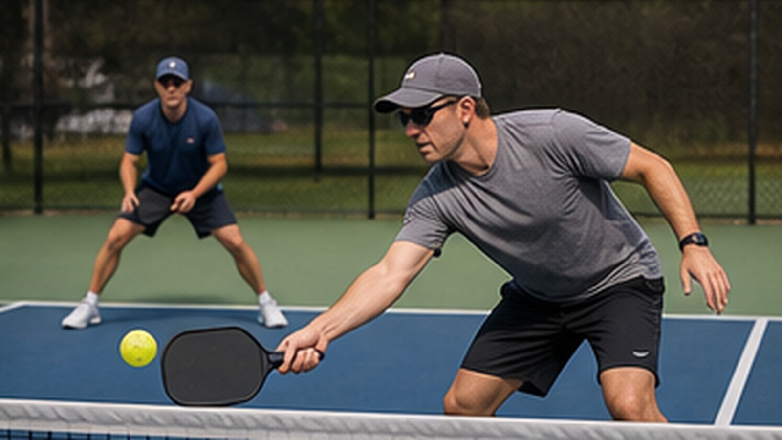 Photorealistic pickleball scene for Beginner Guide to Defensive Volley Footwork Against Fast Hands