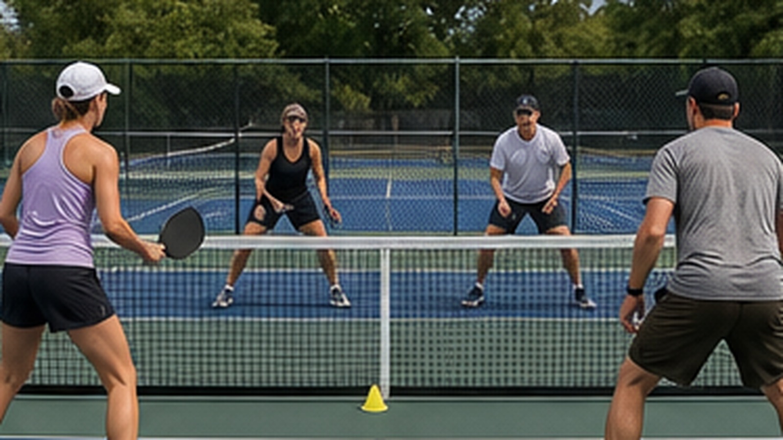 Photorealistic pickleball scene for Beginner Guide to Dink Rally Patience for Beginners