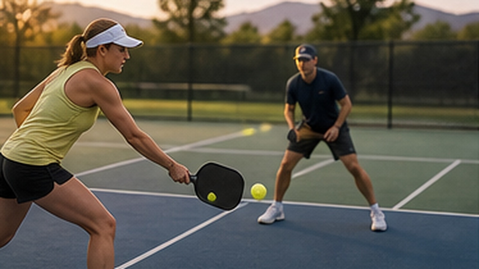 Photorealistic pickleball scene for Beginner Guide to Drive Shot Spin for Doubles Pickleball