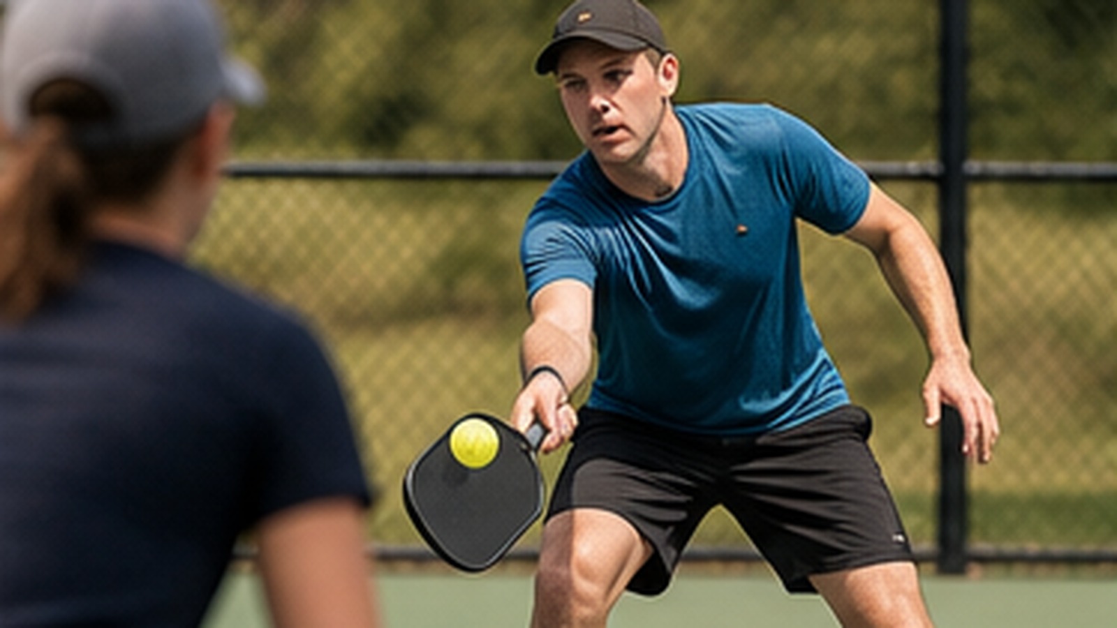 Photorealistic pickleball scene for Beginner Guide to Forehand Dink Patience Step by Step