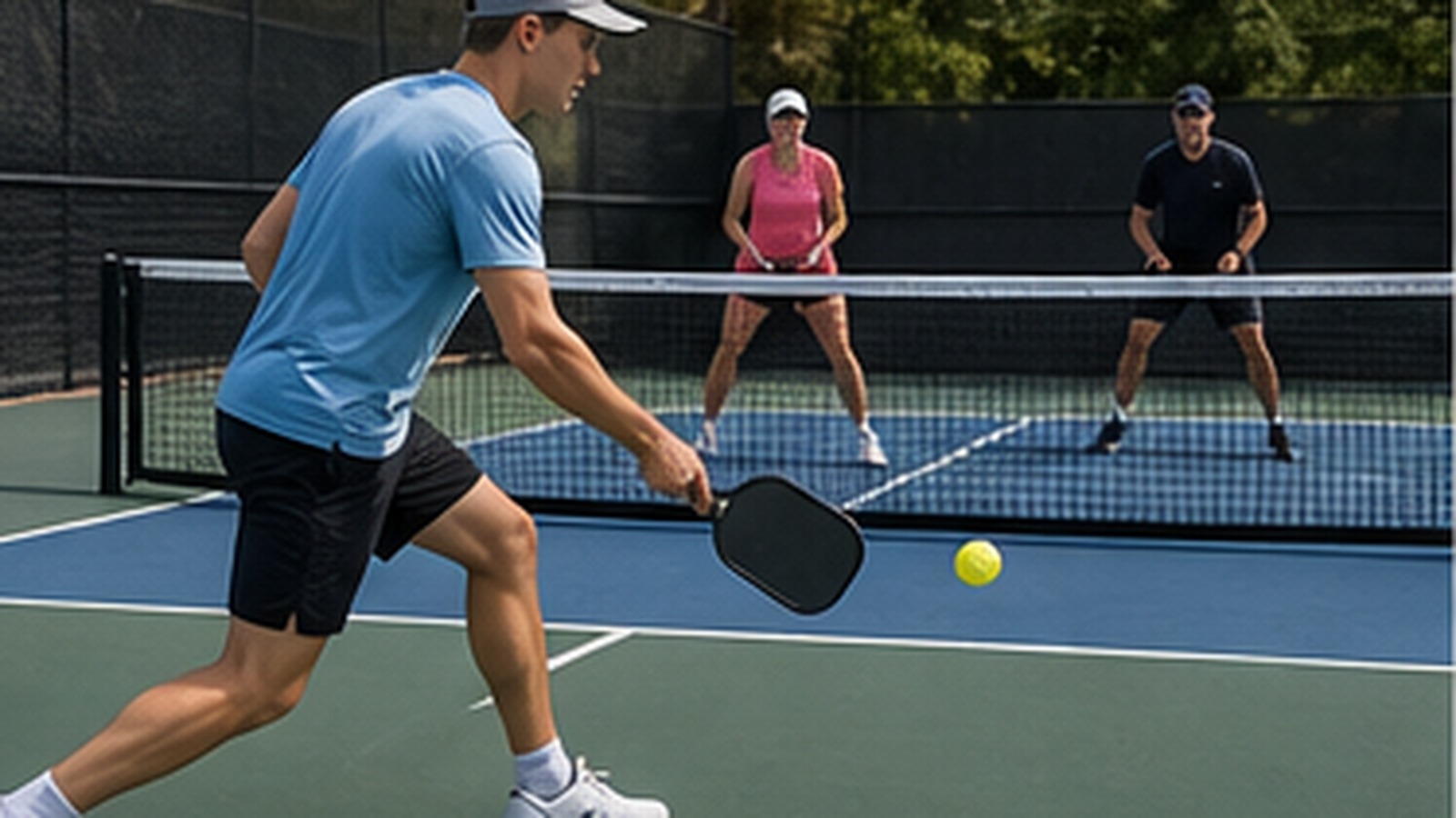 Photorealistic pickleball scene for Beginner Guide to Forehand Third Shot Spin Step by Step