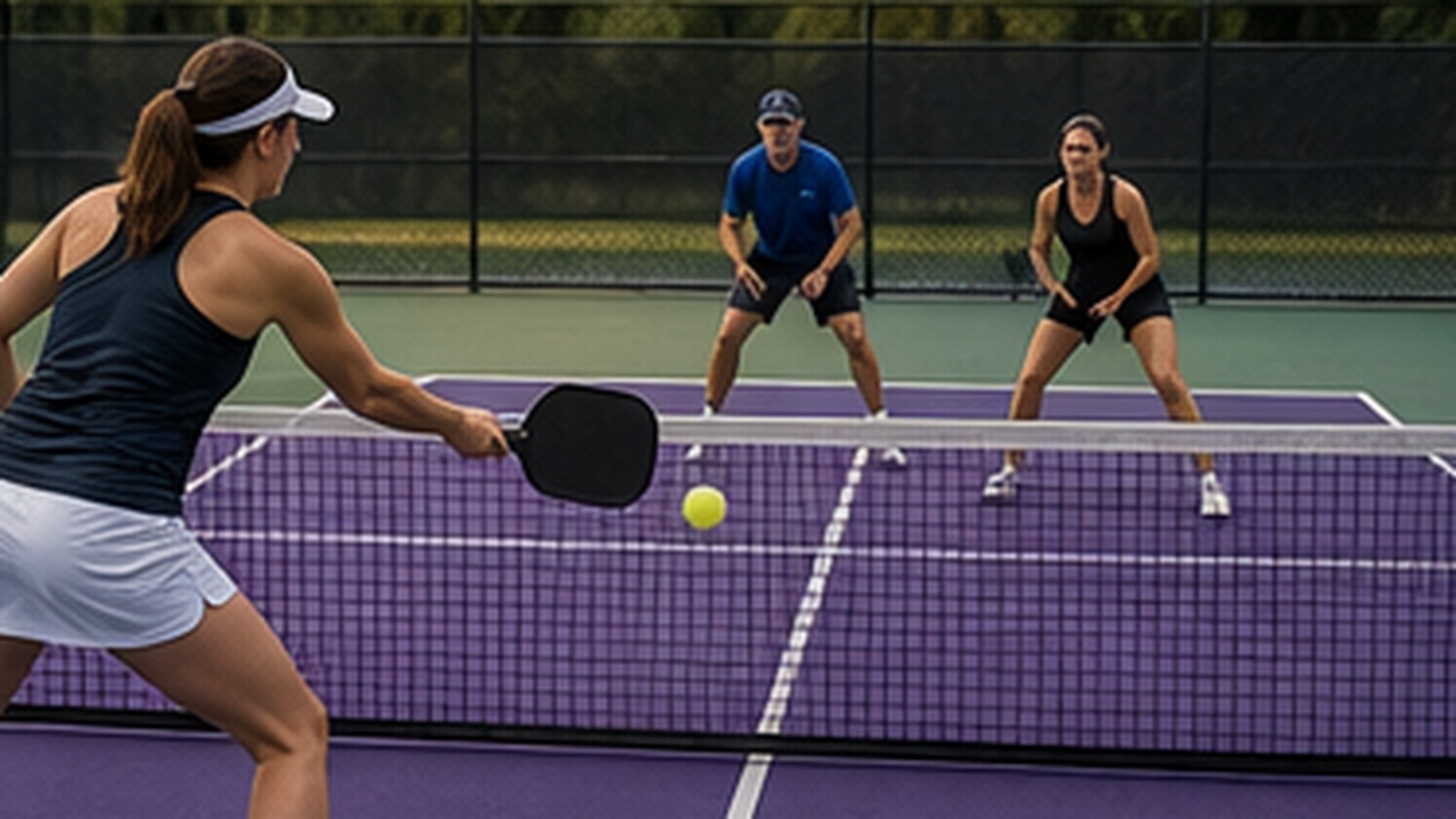 Photorealistic pickleball scene for Beginner Guide to Hybrid Third Shot Spin Against Strong Returners