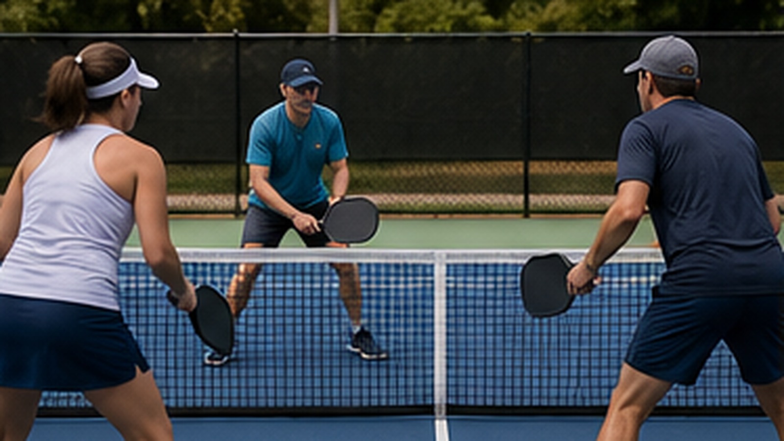 Photorealistic pickleball scene for Beginner Guide to Kitchen Line Volley Footwork to Win More Points at the Net