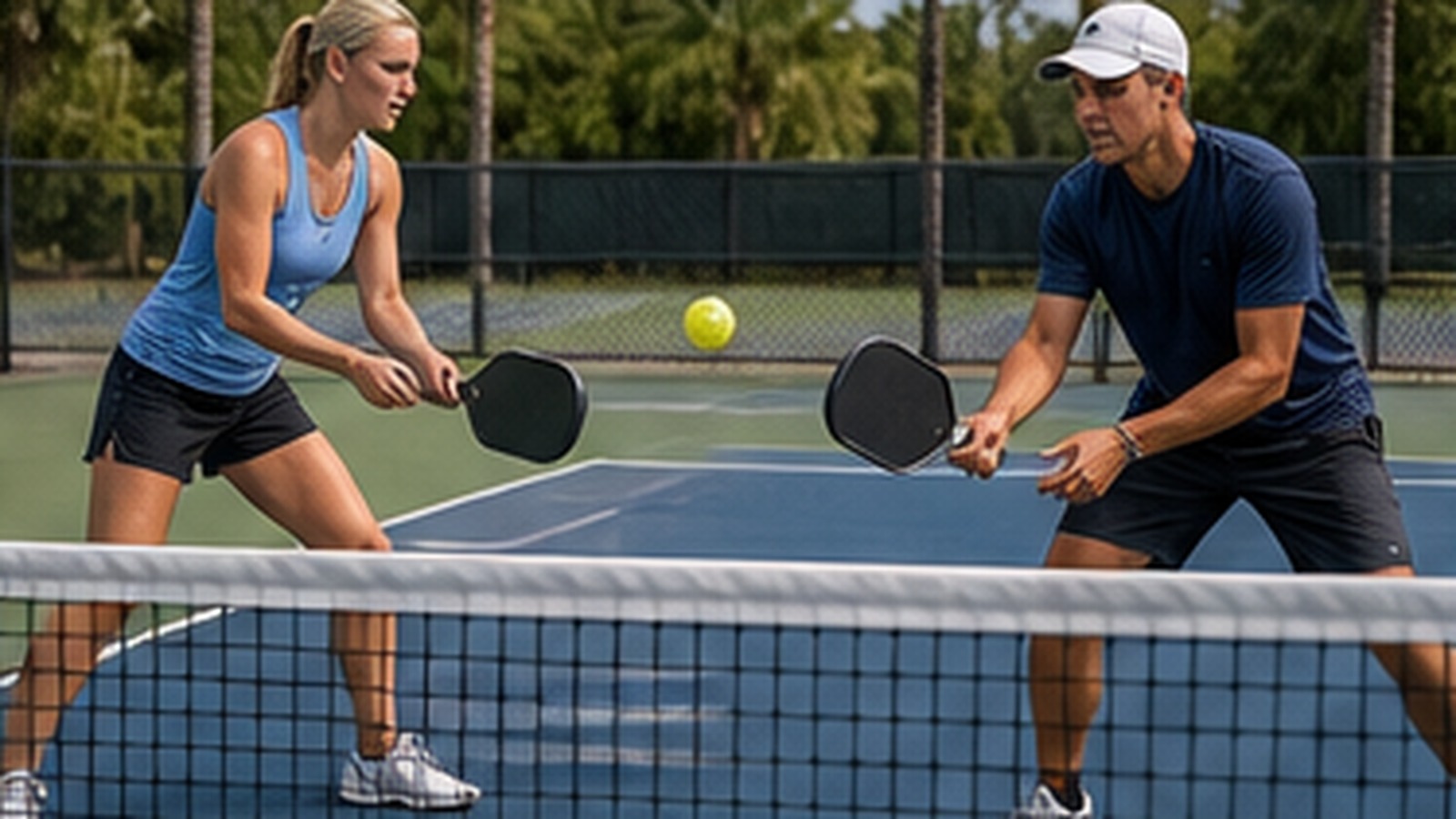 Photorealistic pickleball scene for Beginner Guide to Pickleball Dink Shot Patience with Easy Practice Drills