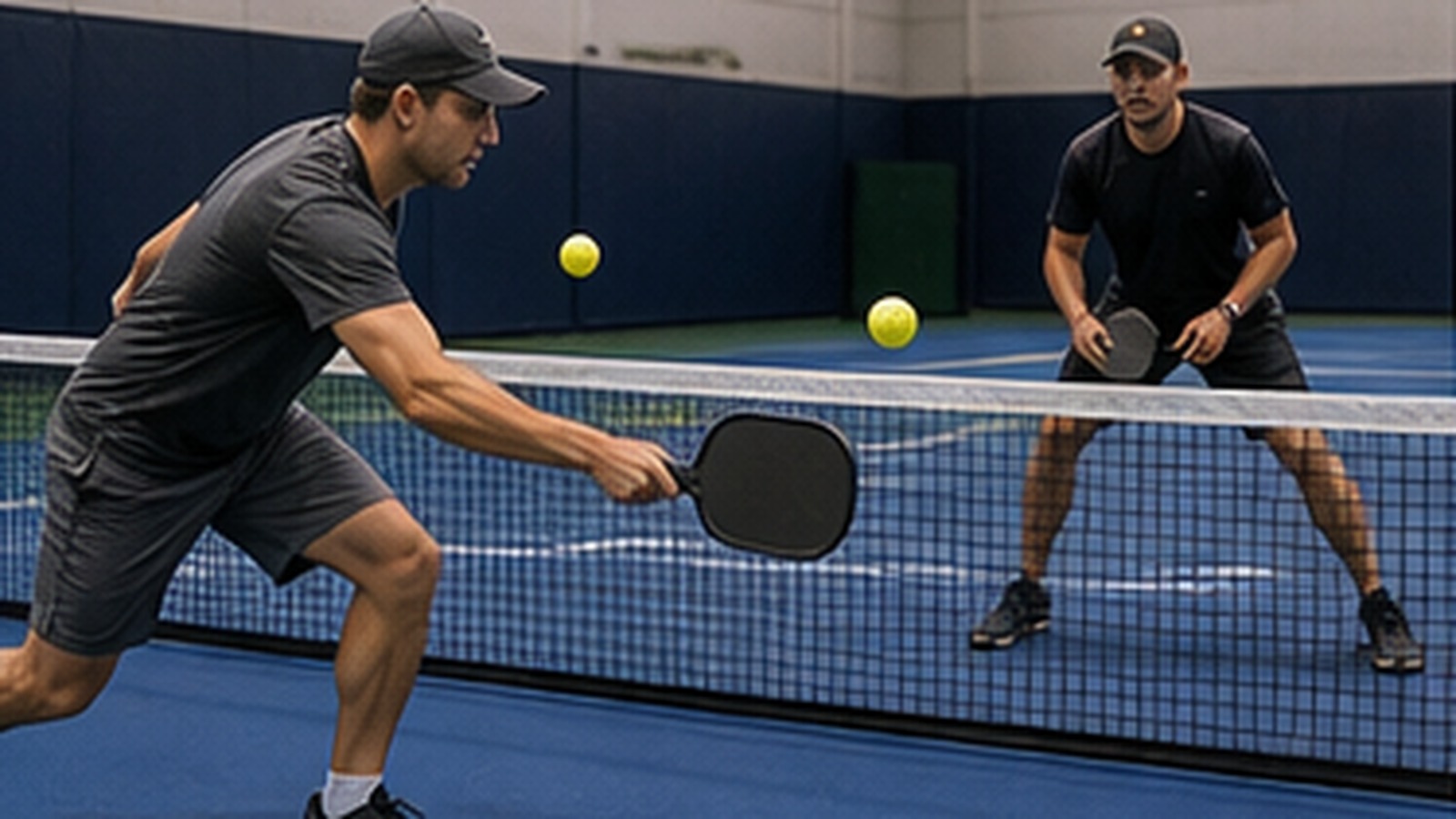 Photorealistic pickleball scene for Beginner Guide to Pickleball Volley Footwork Without Swinging Too Hard