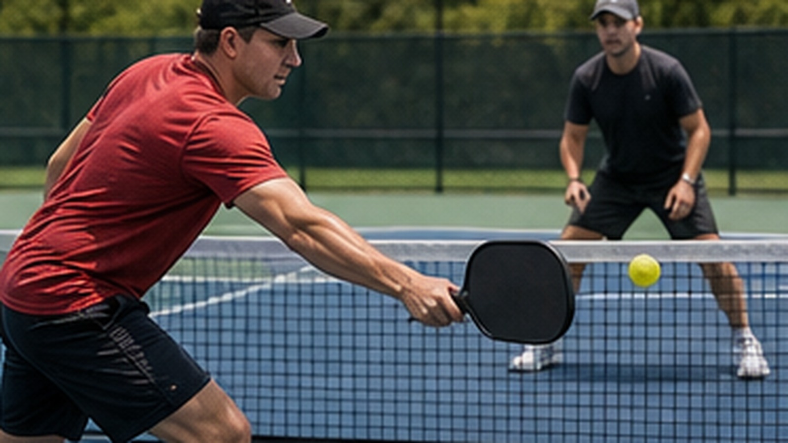 Photorealistic pickleball scene for Beginner Guide to Punch Volley Footwork for Better Kitchen Control