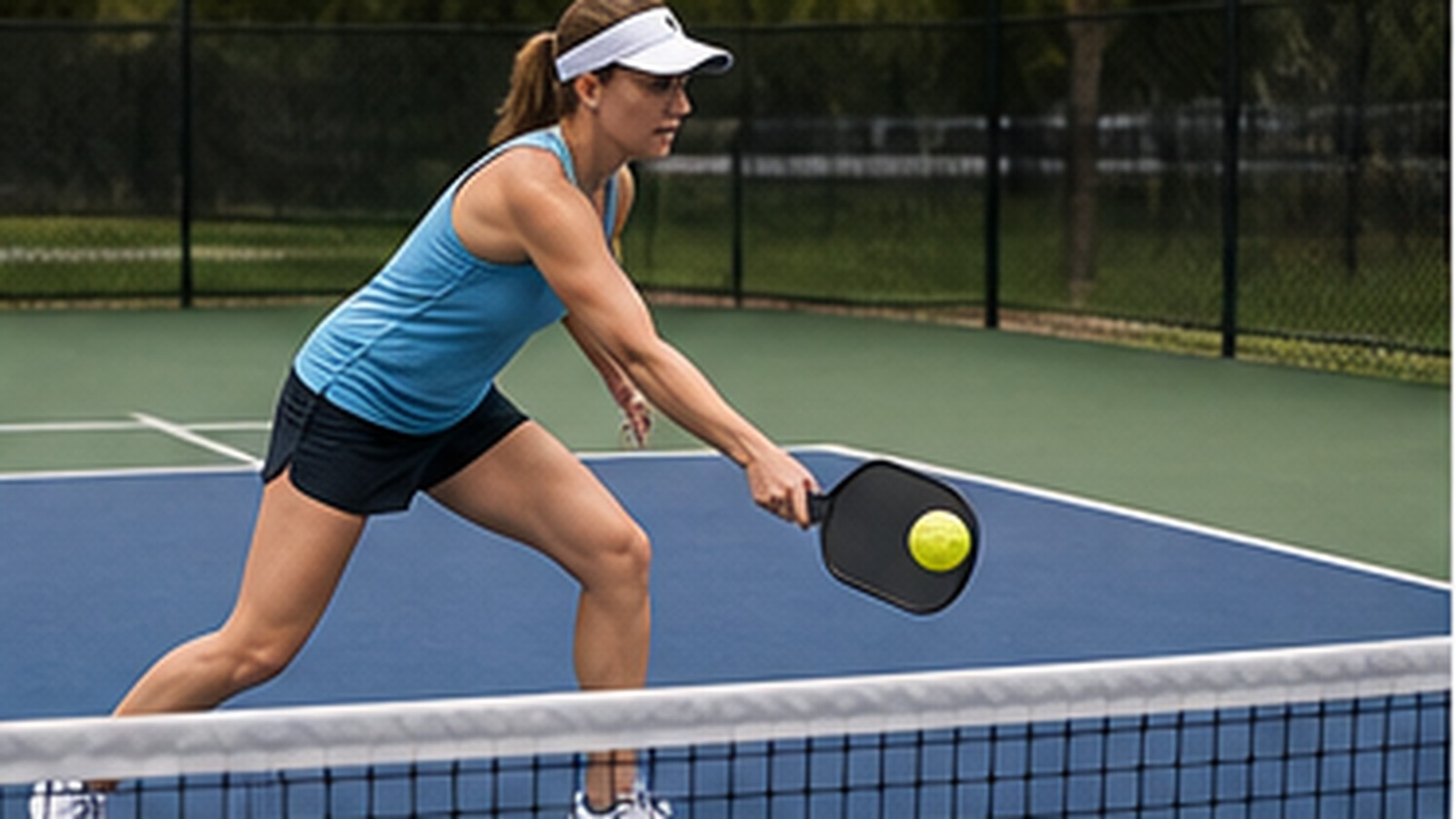 Photorealistic pickleball scene for Beginner Guide to Reset Volley Footwork for Beginners