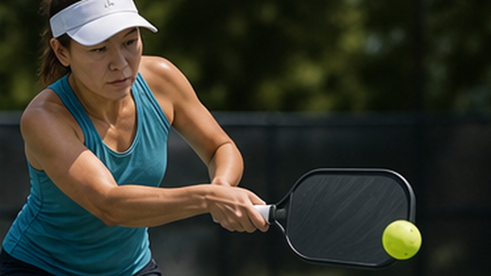 Photorealistic pickleball scene for Beginner Guide to Slice Shot Paddle Path Step by Step