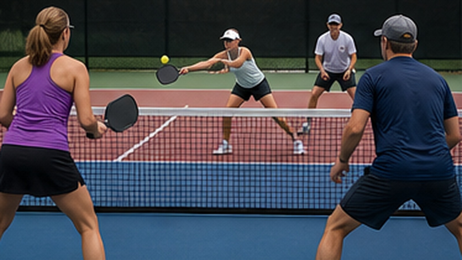 Photorealistic pickleball scene for Beginner Guide to Speed-Up Volley Footwork in Real Game Situations