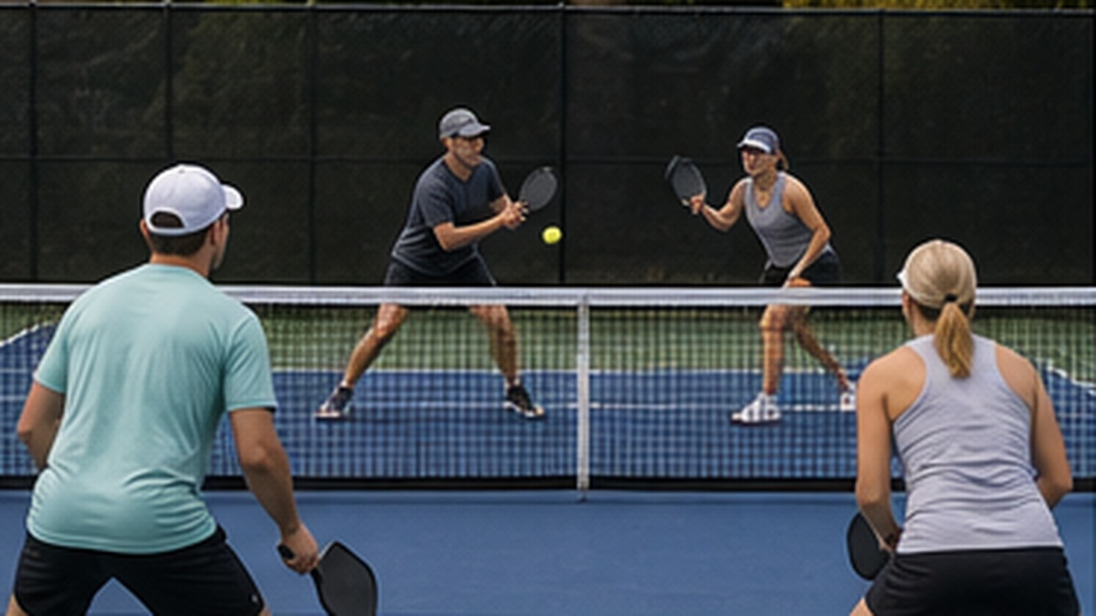 Photorealistic pickleball scene for Beginner Guide to Team Defense Rotation Against Stronger Teams