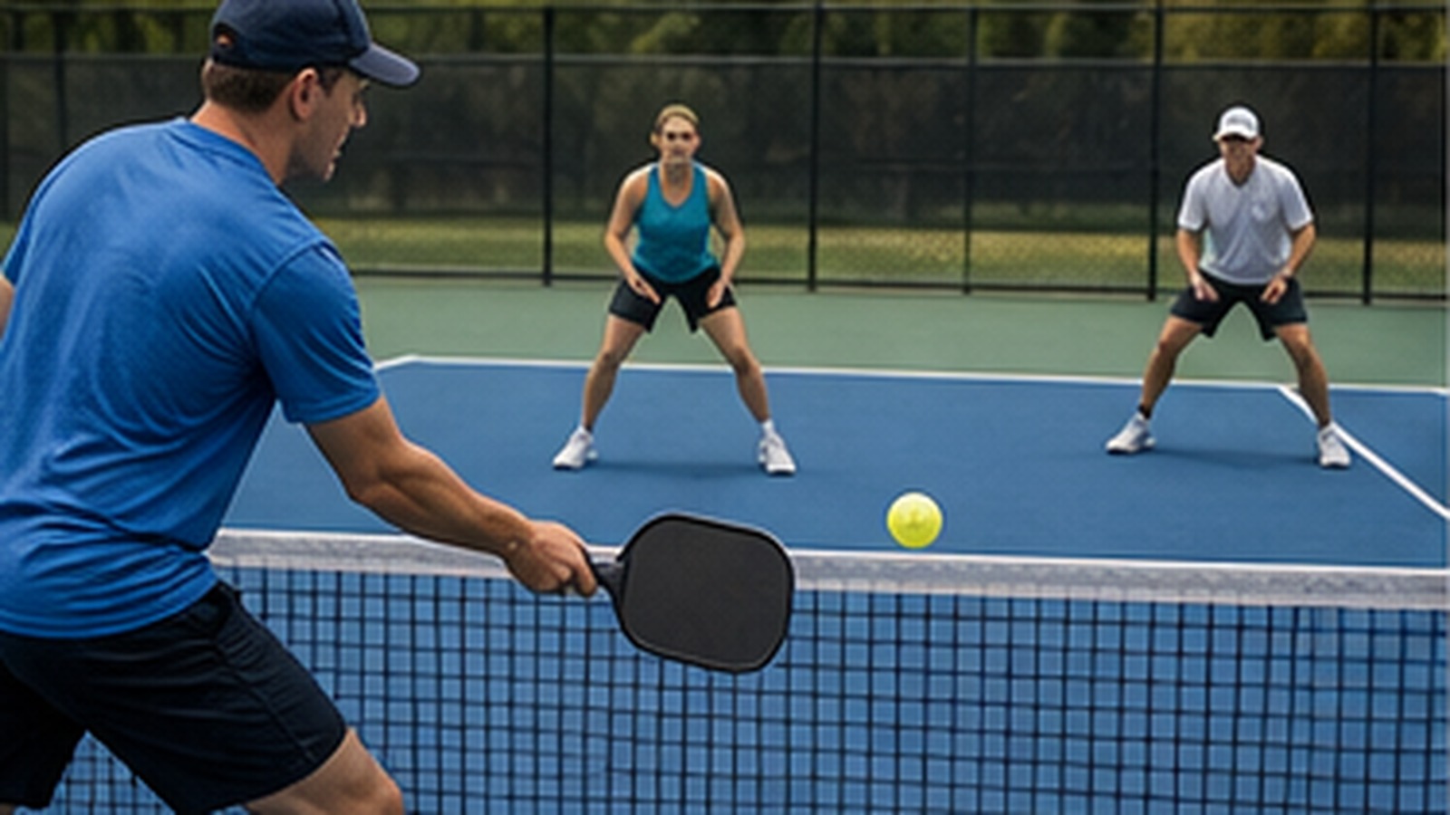 Photorealistic pickleball scene for Beginner Guide to Third Shot Drive Spin Without Floating the Ball