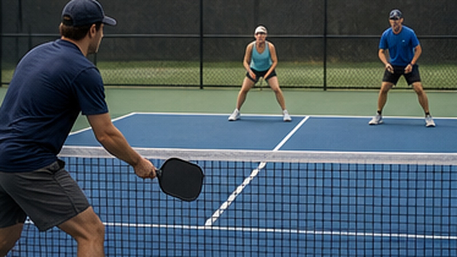 Photorealistic pickleball scene for Beginner Guide to Third Shot Drop Spin When to Drop vs Drive
