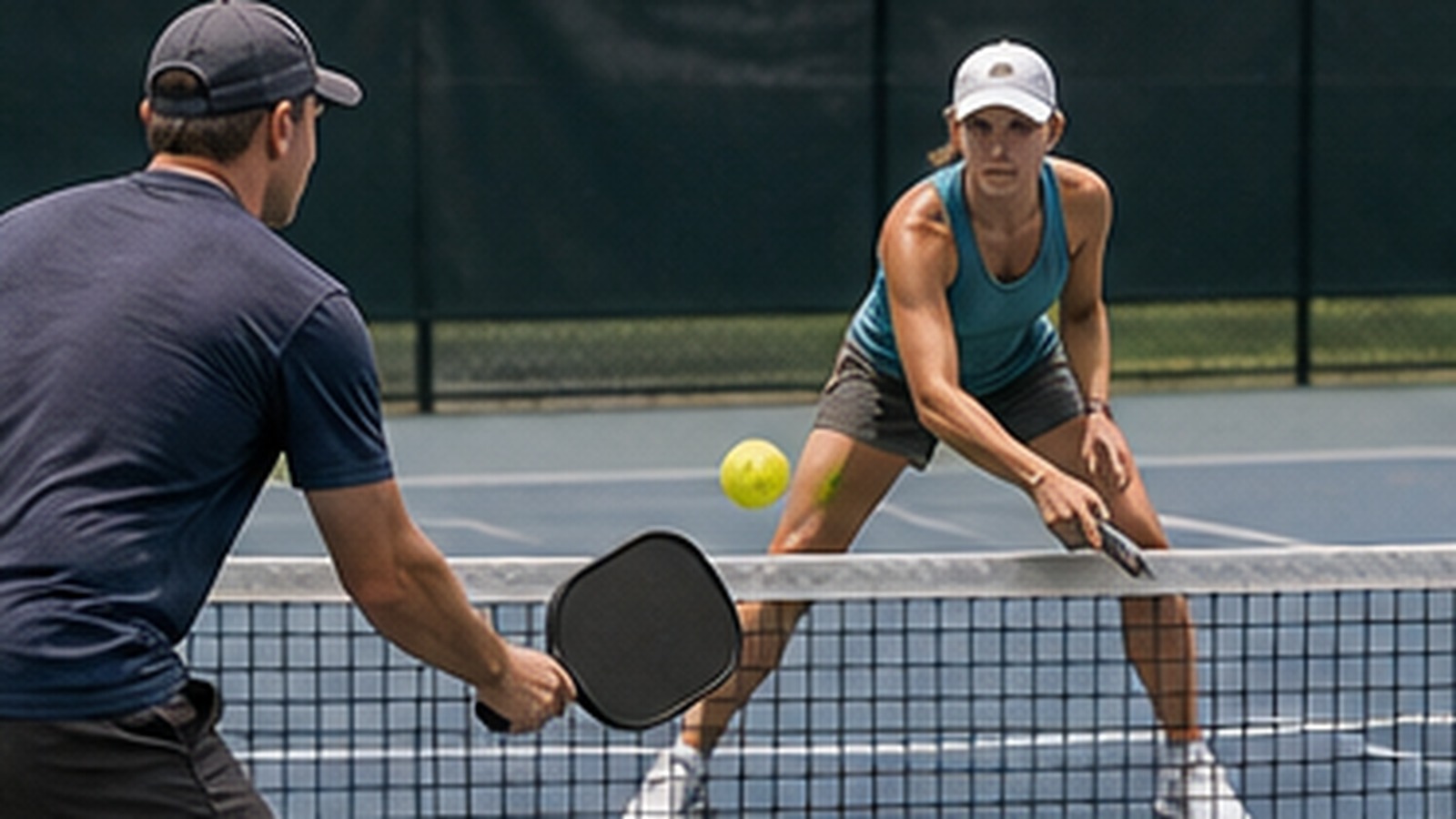 Photorealistic pickleball scene for Common Backhand Dink Paddle Angle Mistakes and How to Fix Them