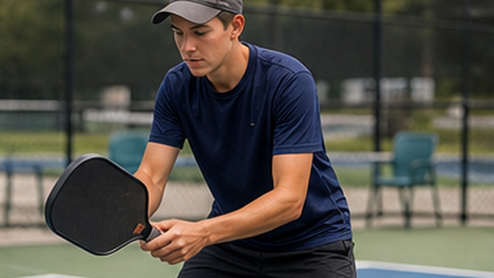 Photorealistic pickleball scene for Common Beginner Serve Grip Mistakes and How to Fix Them