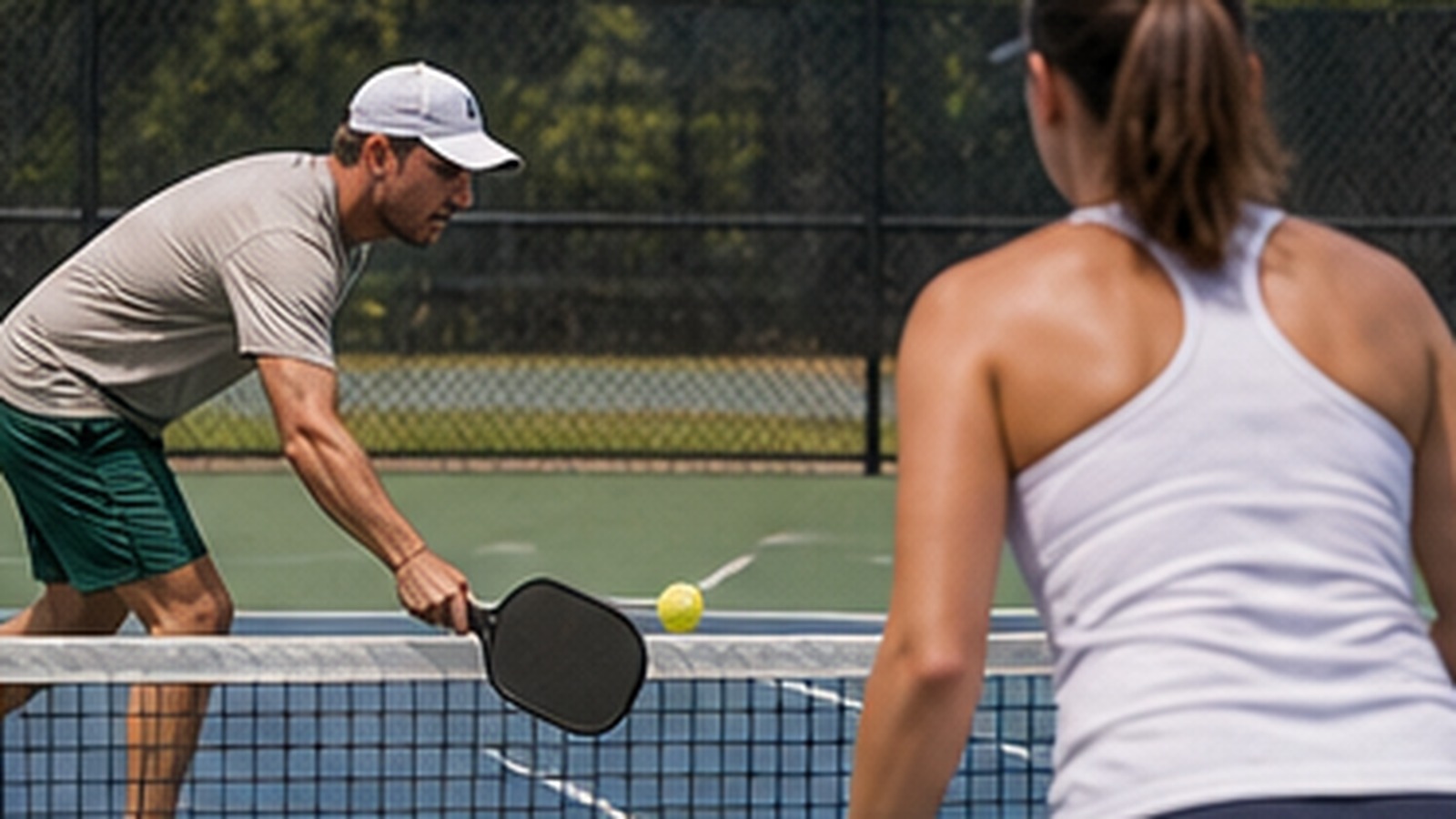 Photorealistic pickleball scene for Common Forehand Dink Paddle Angle Mistakes and How to Fix Them