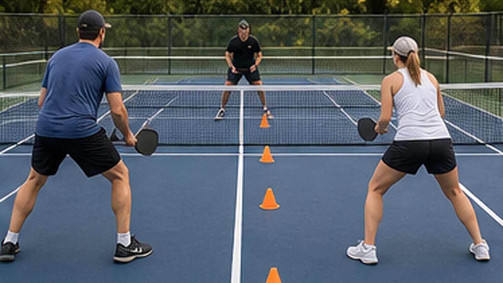 Photorealistic pickleball scene for Crosscourt Dink Drills with Easy Practice Drills for Better Footwork