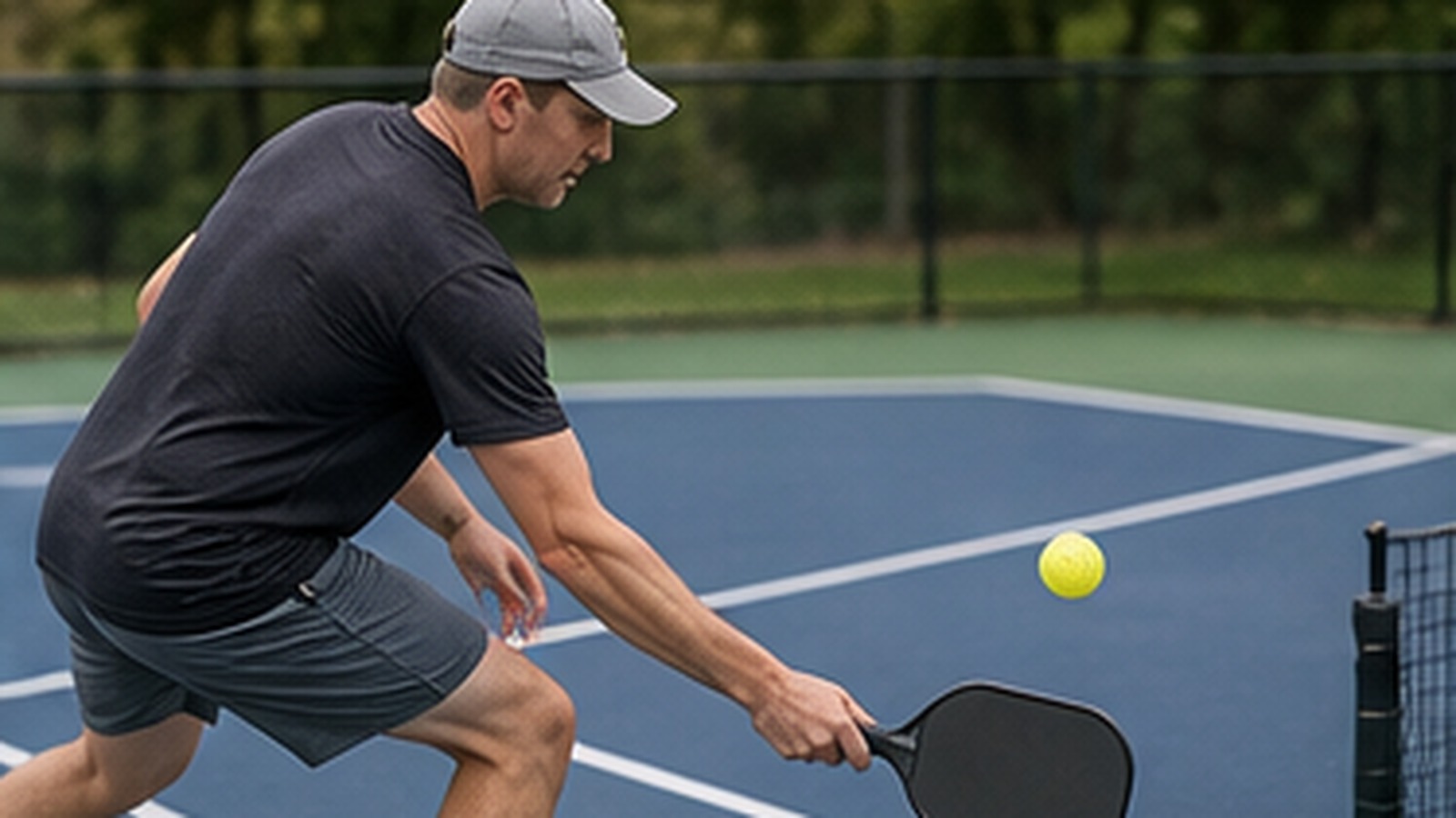 Photorealistic pickleball scene for Defensive Dink Drills for Winning Kitchen Battles for Better Footwork