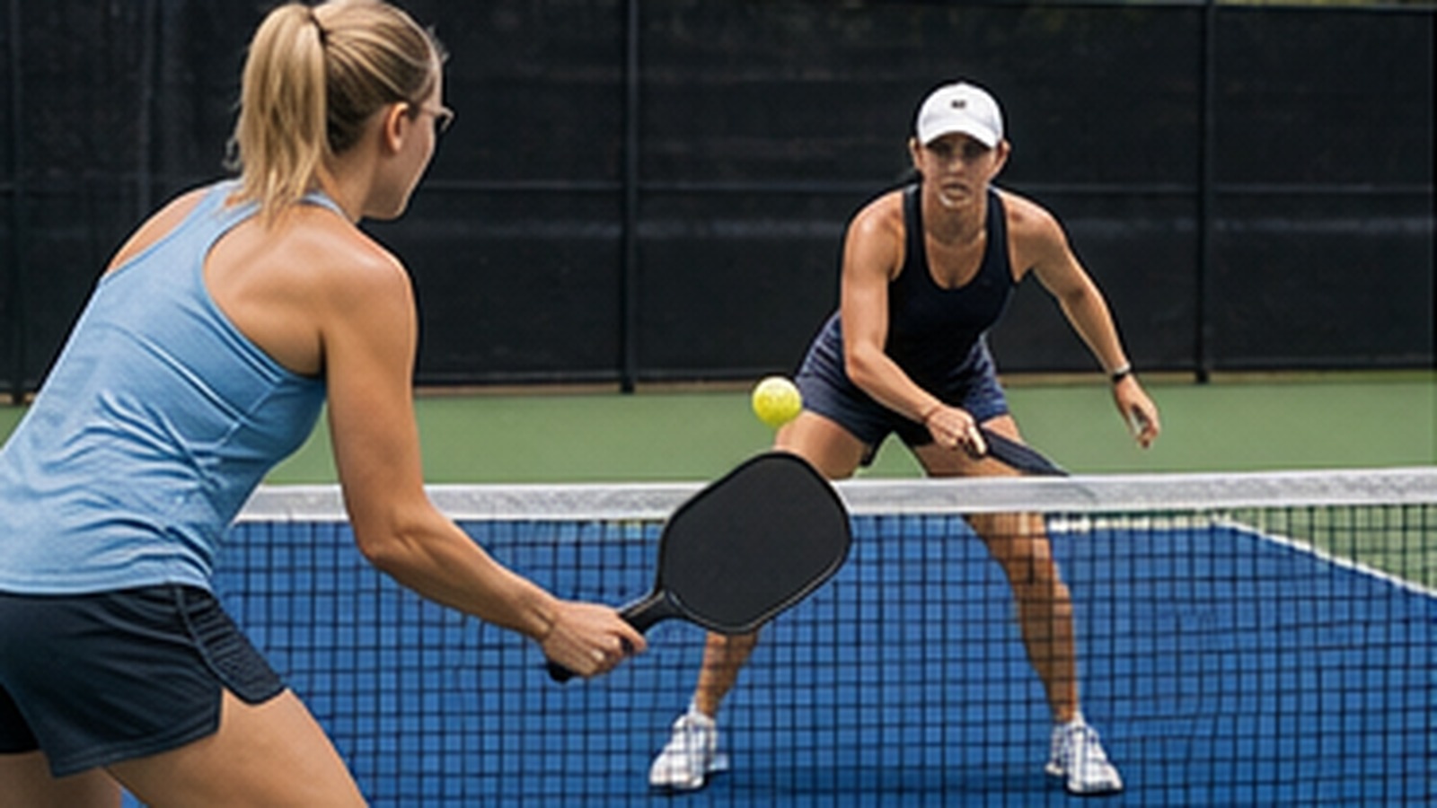Photorealistic pickleball scene for Dink Rally Drills to Stop Popping the Ball Up for Better Footwork