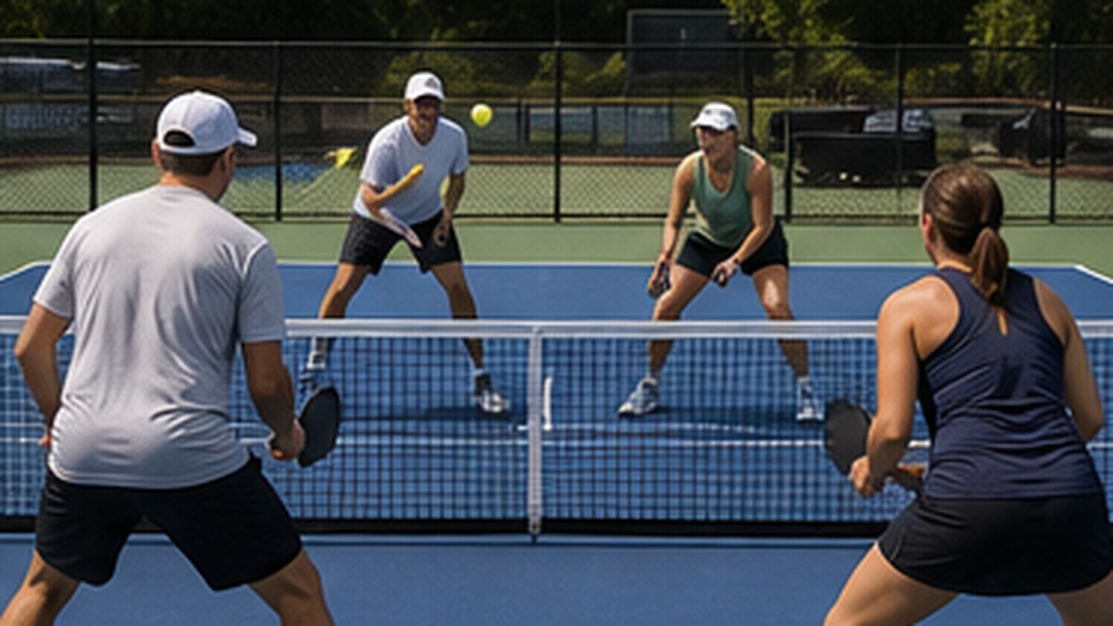 Photorealistic pickleball scene for Doubles Pickleball Drills Against Stronger Teams for Better Shot Selection