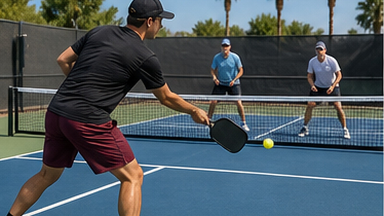 Photorealistic pickleball scene for Drive Shot Drills When to Drop vs Drive for Better Footwork