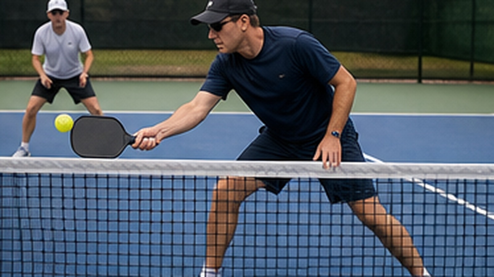 Photorealistic pickleball scene for Forehand Volley Drills That Competitive Players Use for Better Net Play