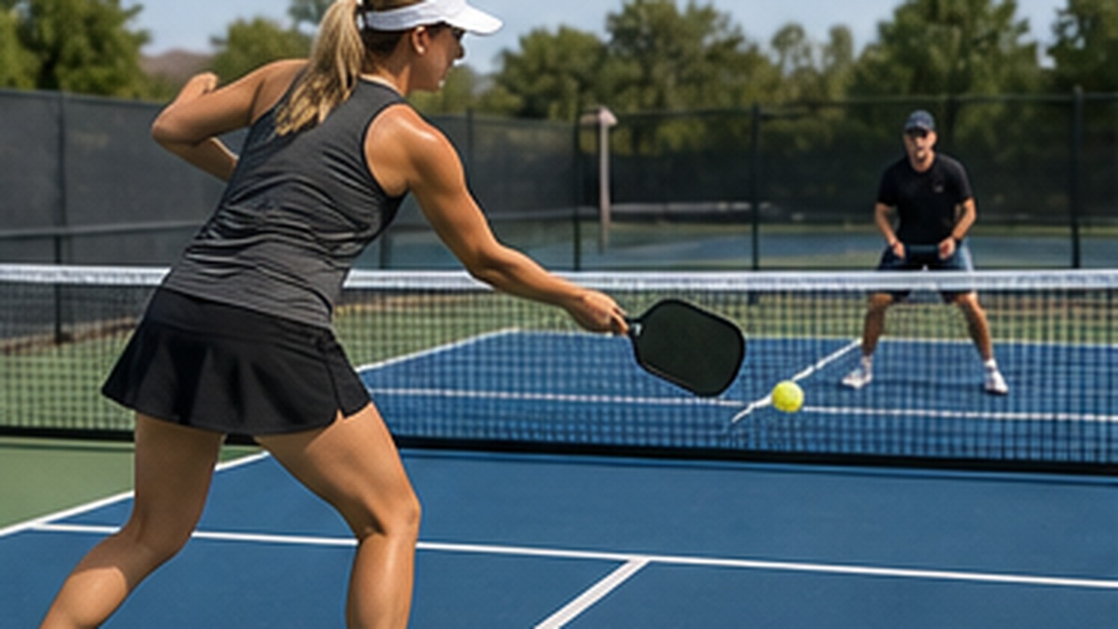 Photorealistic pickleball scene for Hybrid Third Shot Drills Without Floating the Ball for Better Footwork