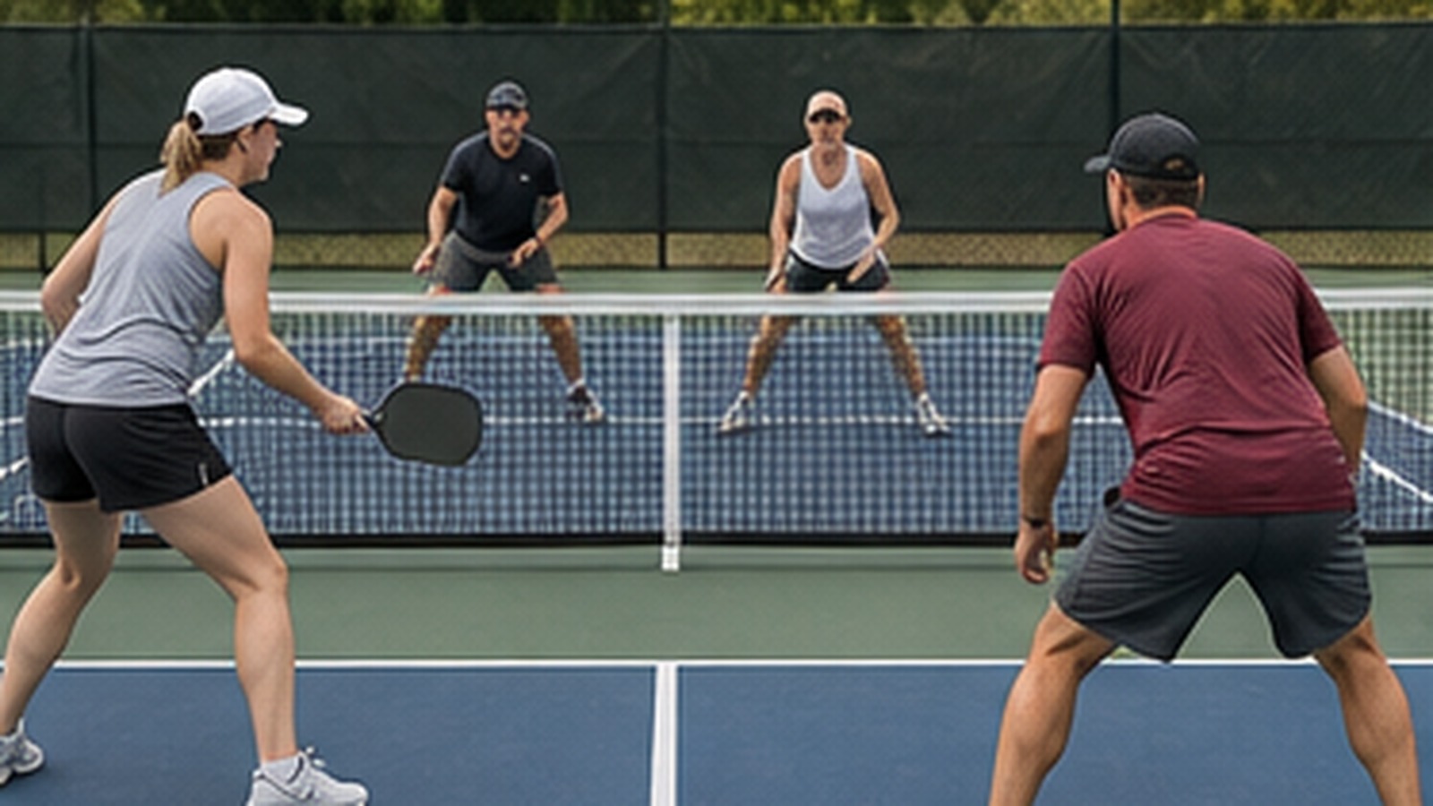Photorealistic pickleball scene for Kitchen Dinking Drills for Beginners for Better Footwork