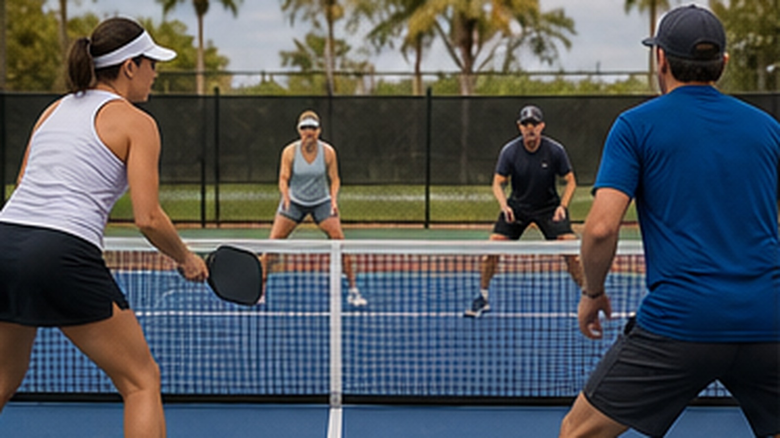 Photorealistic pickleball scene for Kitchen Line Volley Drills for Doubles Players for Better Net Play