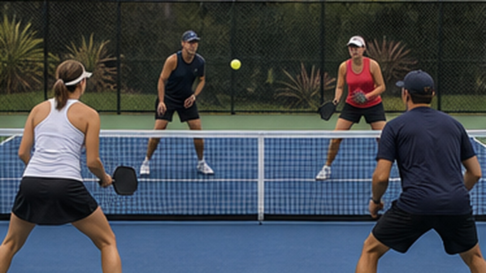 Photorealistic pickleball scene for Middle Ball Decisions Drills for Mixed Doubles for Better Shot Selection