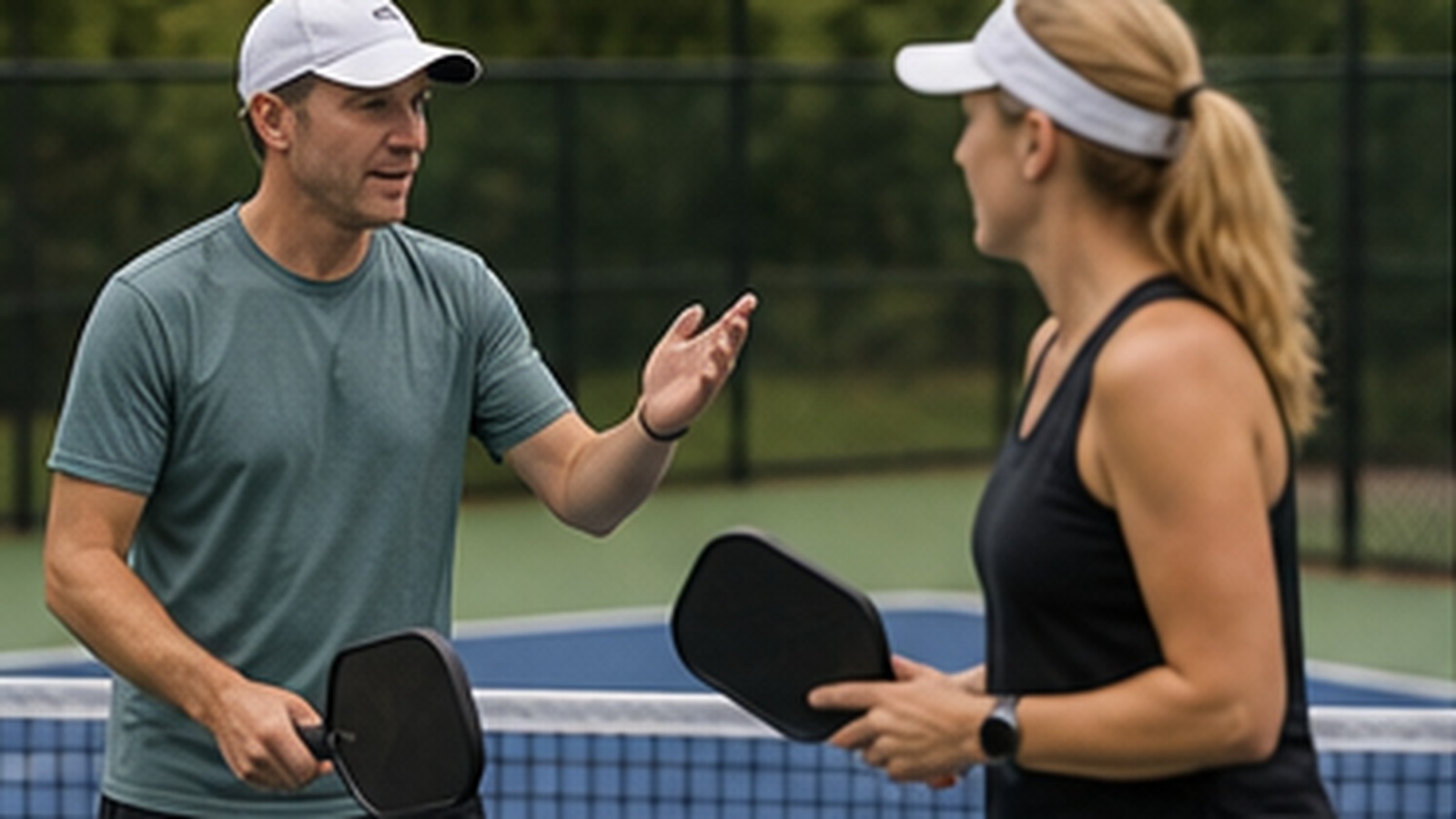 Photorealistic pickleball scene for Partner Communication Drills Step by Step for Better Shot Selection