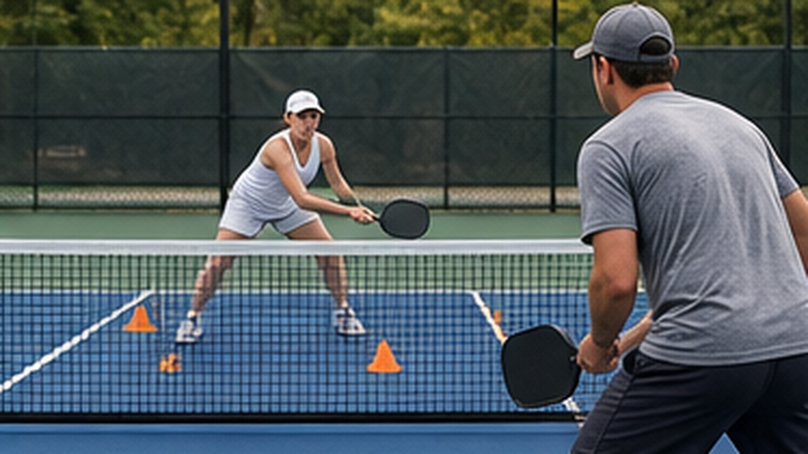 Photorealistic pickleball scene for Pickleball Dink Shot Drills Against Aggressive Players for Better Footwork