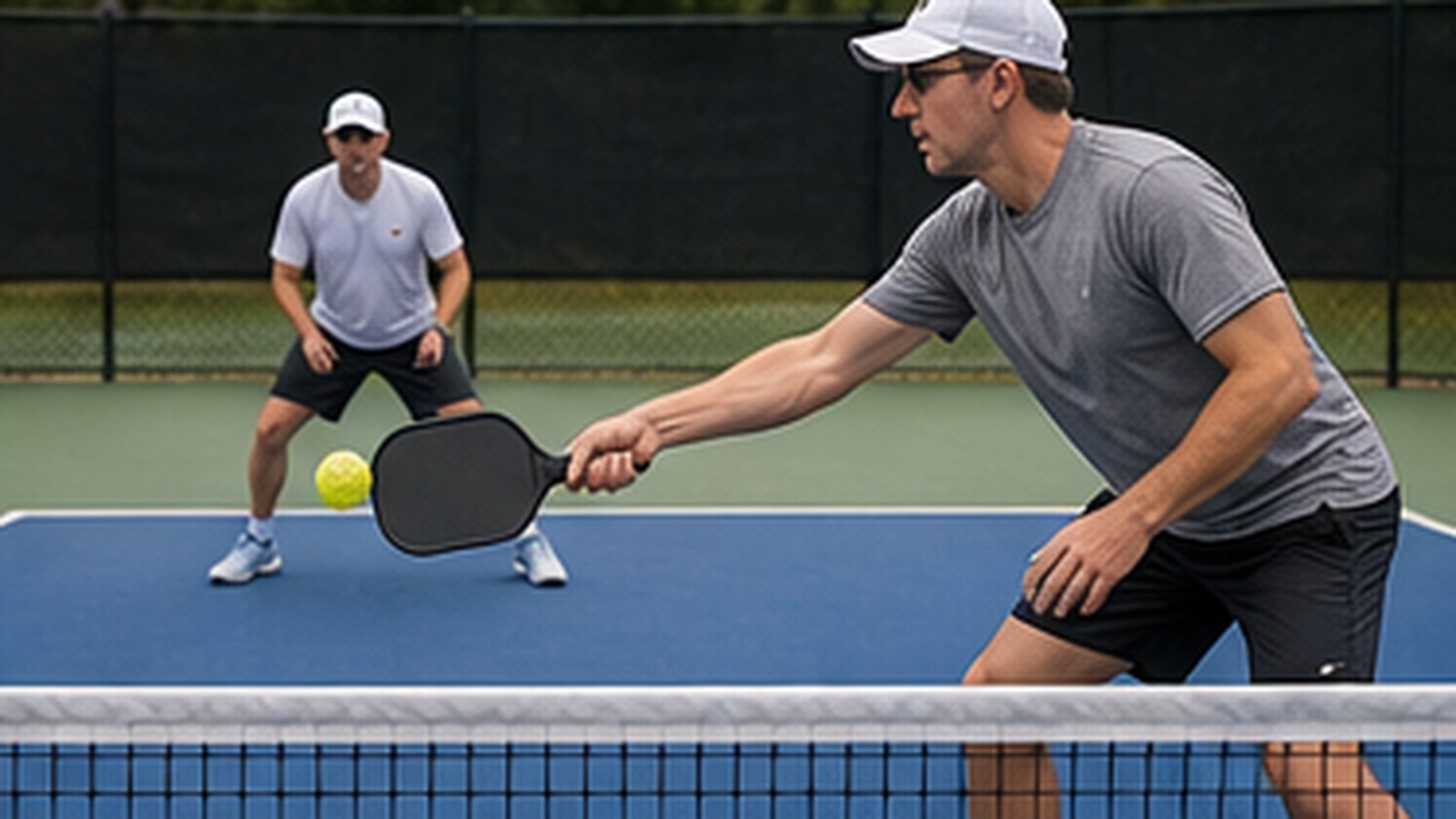 Photorealistic pickleball scene for Reset Volley Drills to Win More Points at the Net for Better Net Play