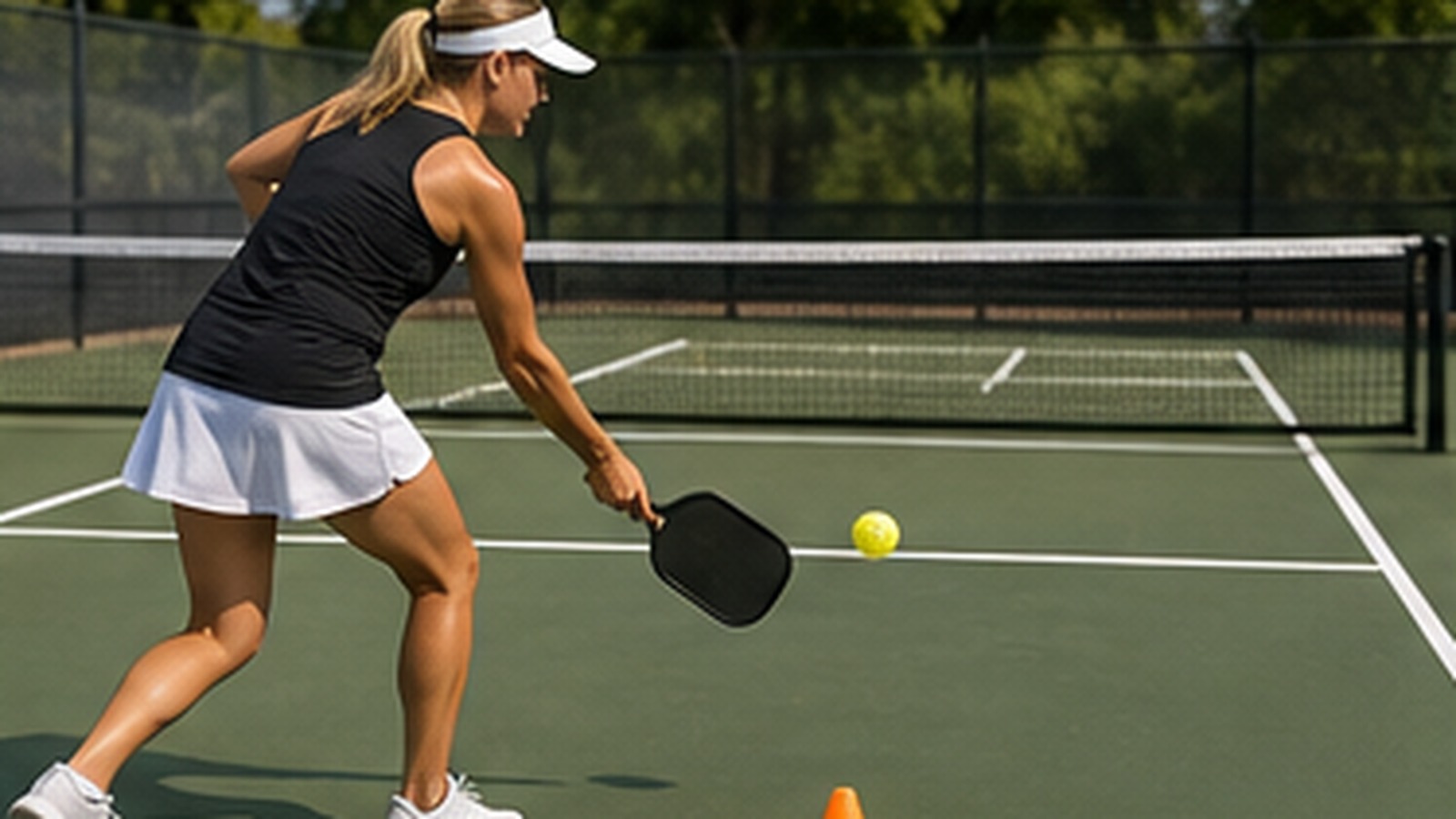 Photorealistic pickleball scene for Third Shot Drop Drills with Practice Drills for Better Footwork