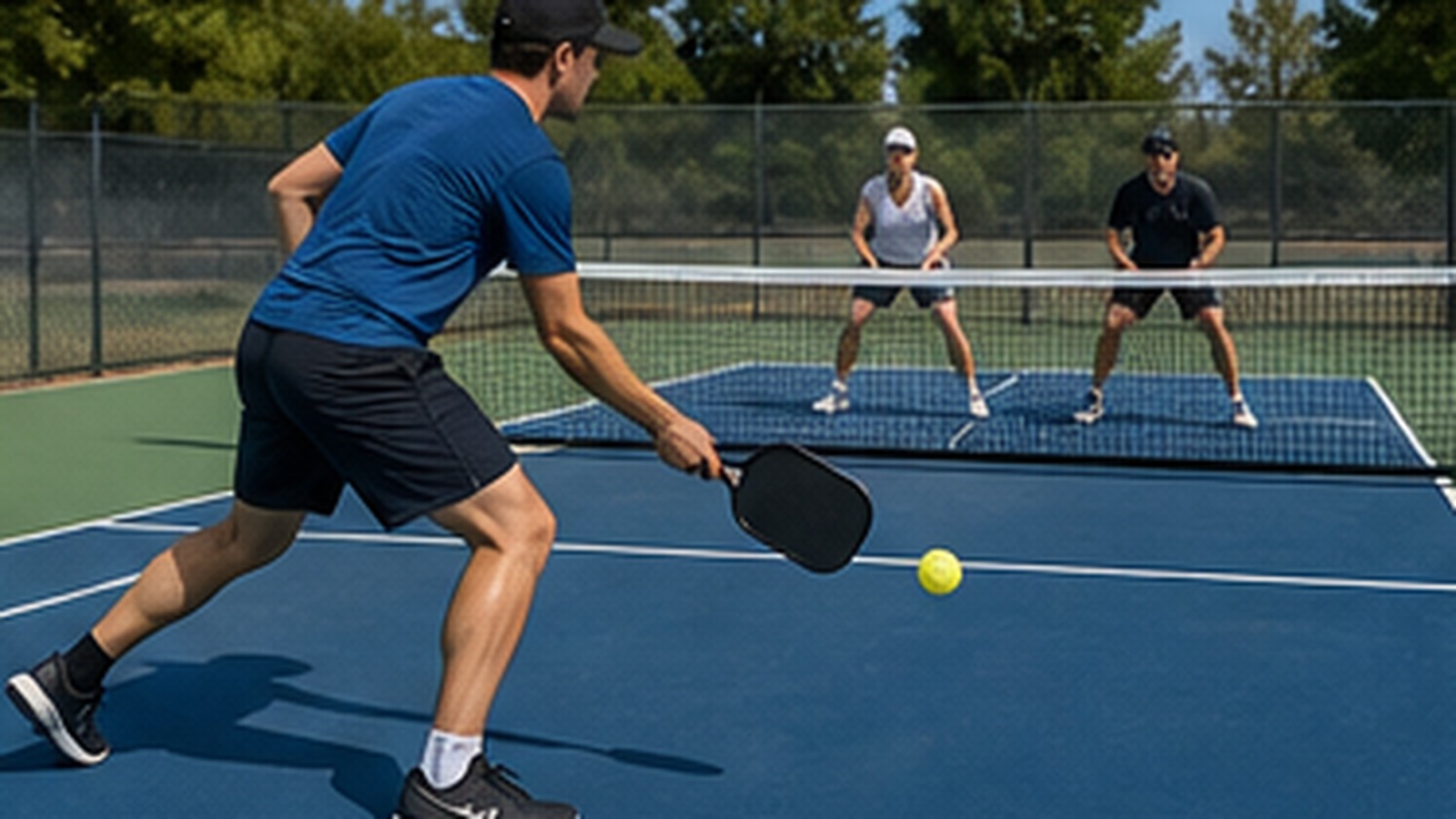 Photorealistic pickleball scene for Third Shot Strategy Drills to Reach the Kitchen Safely for Better Footwork