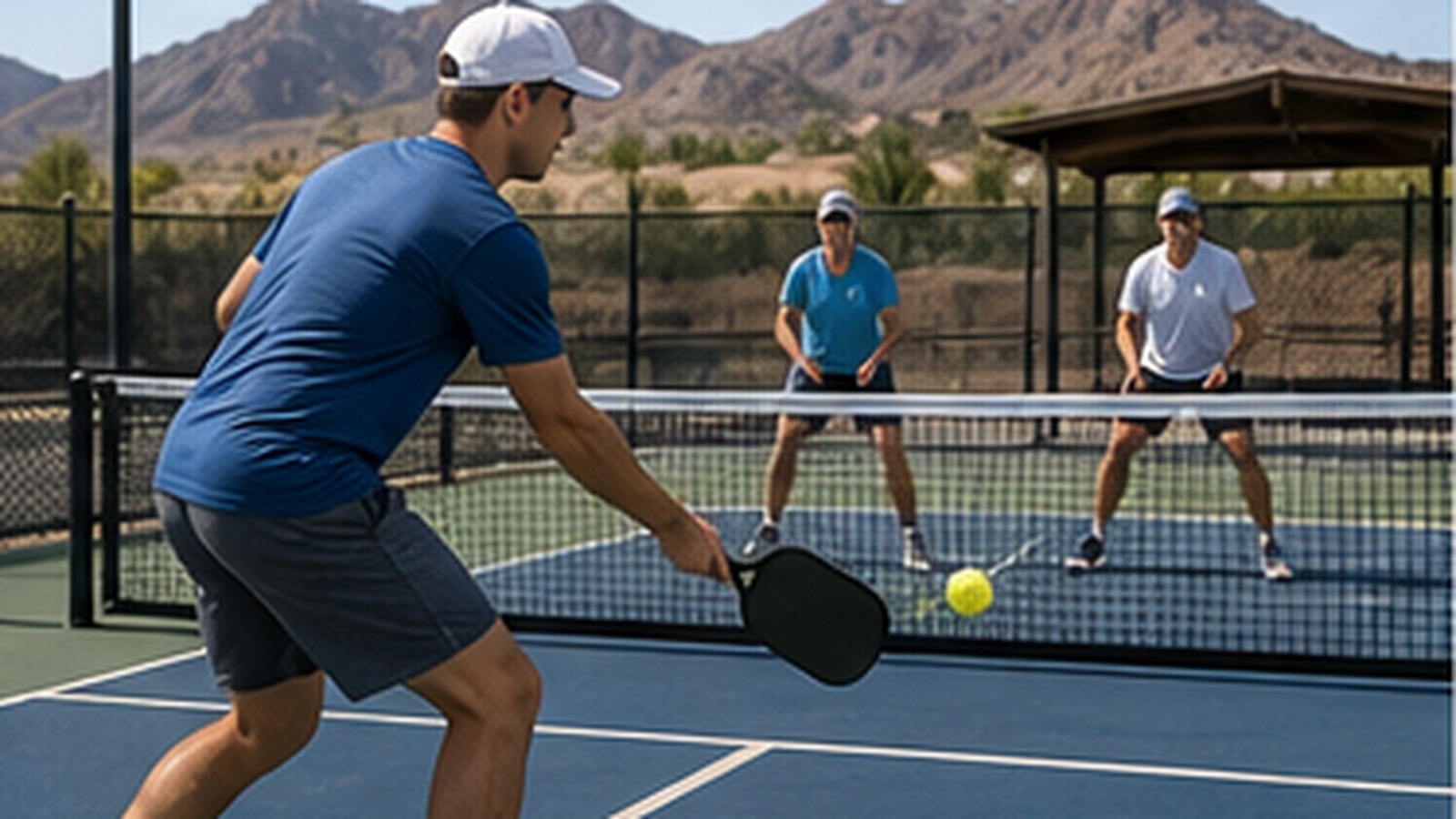 Photorealistic pickleball scene for Transition Zone Shot Drills Against Strong Returners for Better Footwork